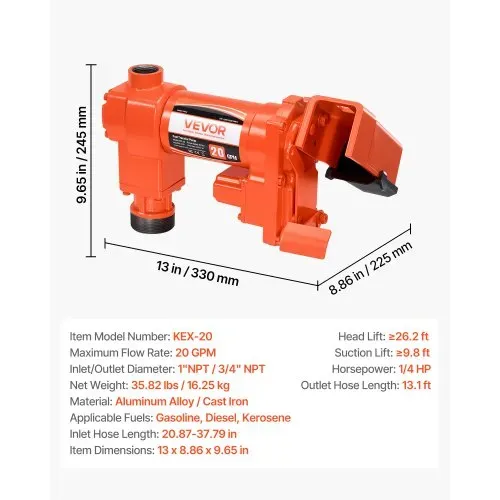 VEVOR Kraftstoff Umfüllpumpe, 12 V DC, 75,7 L/min, 1/4 PS, Diesel-Transferpumpe mit manueller Düse, Auslass- und Saugschlauch, für Benzin, Kerosin, Ethanolmischungen, Methanol, Biodiesel – Bild 6