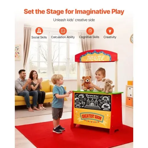 VEVOR 2-in-1 Spielset Puppentheater aus Holz mit Vorhängen, Kaufmannsladen, doppelseitiges Holzspiel mit Tafel und Registrierkasse, Marktstand zum Rollenspiel für Kinder ab 3 Jahren – Bild 5