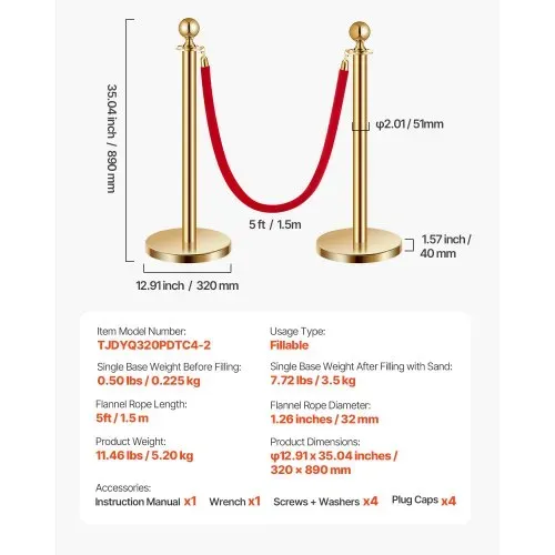 VEVOR Absperrpfosten Absperrung (4 Stk.) zur Steuerung von Menschenmengen mit 2 roten Samtseilen (1,5 m lang), Absperrständer aus Edelstahl mit nachfüllbarem Sockel für Ausstellungen Golden – Bild 6