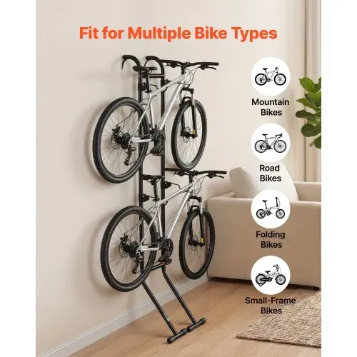 VEVOR Fahrradständer Vertikaler Abstellständer für 2 Fahrräder Schwarz, Kohlenstoffstahlrahmen, Mit Höhenverstellbare Haken, Freistehend & Bohrlos, Max. 45,5 kg Tragkraft, Universal für MTB Rennrad – Bild 5