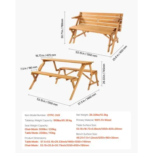 VEVOR 2 in 1 umwandelbarer & austauschbarer Picknicktisch, Outdoor-Tisch- und Bank-Set aus Holz, tragbare, faltbare Bank mit Loch für Schirm, Essmöbel für Garten, Hinterhof, Veranda (braun) – Bild 6
