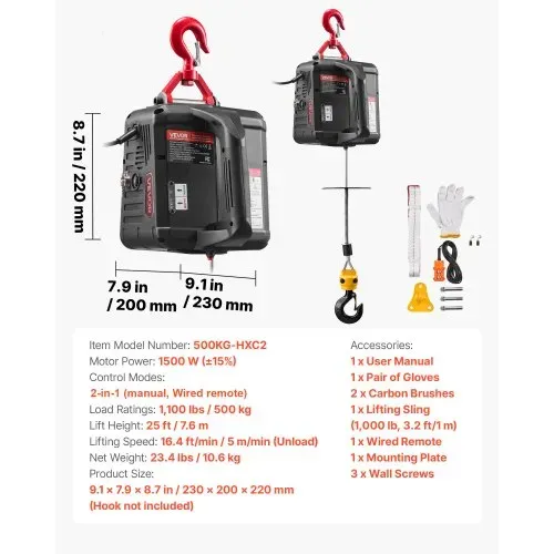 VEVOR Seilwinde Elektrisch, 2-in-1 Hebezeug, 500 kg, 1500 W Seilzug, 7,6 m Hubhöhe, 5 m/min Hubgeschwindigkeit, mit manueller & kabelgebundener Fernbedienung für Fabrik, Lagerhalle & Garage – Bild 6
