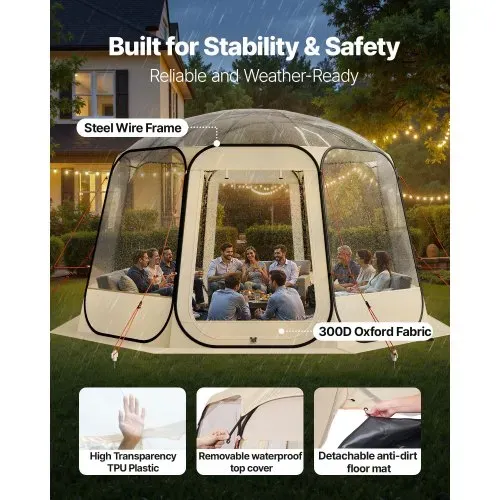 VEVOR Pop-up-Bubble-Zelt, 366 x 345 x 220 cm, transparentes Campingzelt, Garten-Kuppel-Iglu-Zelt mit Fenstern, Sportzelt, 540°-Panoramablick, für 10–12 Personen, Terrasse, Hinterhof – Bild 2