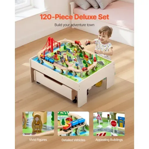 VEVOR Holz Aktivitätstisch, 100-teilig, Eisenbahntisch mit rollender Schublade, 3-in-1-Holzeisenbahn-Set zum Spielen, Malen, Lesen, Essen, kreatives Spielzeug-Set für Kinder ab 3 Jahren – Bild 2