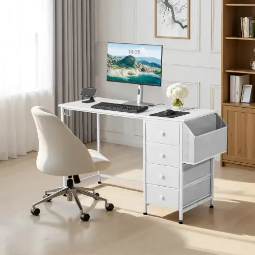 VEVOR Computertisch Bürotisch Schreibtisch (120 x 50 cm Tischplatte), moderner Arbeitstisch mit Stoffschubladen & 99 kg Tragkraft & Aufbewahrungshaken für Homeoffice Arbeitszimmer Wohnzimmer, Weiß – Bild 7