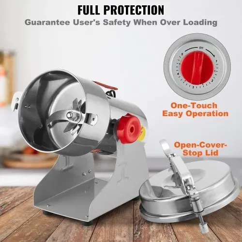 VEVOR 750g elektrische Getreidemühle, Hochgeschwindigkeits-Gewürzmühlen mit 2000 W, Pulverisiermaschine aus Edelstahl, für trockene Körner, Gewürze, Müsli, Kaffee, Mais, Pfeffer, Schwenktyp – Bild 4