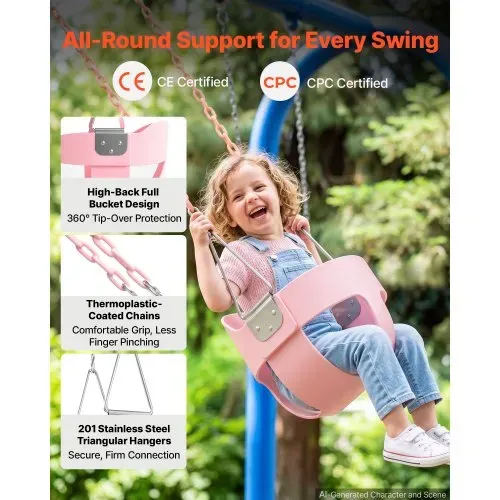 VEVOR Kinderschaukel 136 kg Schaukel Hohe Rückenlehne Vollschalensitz Pink, für Spielplätze im Garten & Indoor, Beschichtete Ketten & Karabiner, Komplett Montierter Sitz für Kinder ab 3 Jahren, CE/CPC – Bild 4
