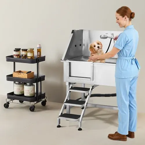 VEVOR Hundewaschstation aus Edelstahl, 961x620x1220 mm, Tierpflegewanne mit Ablagetreppe, Wasserhahn, Duschkopf & Seifenhalter, Hundebadewanne für große, mittelgroße & kleine Haustiere (linke Tür) – Bild 7
