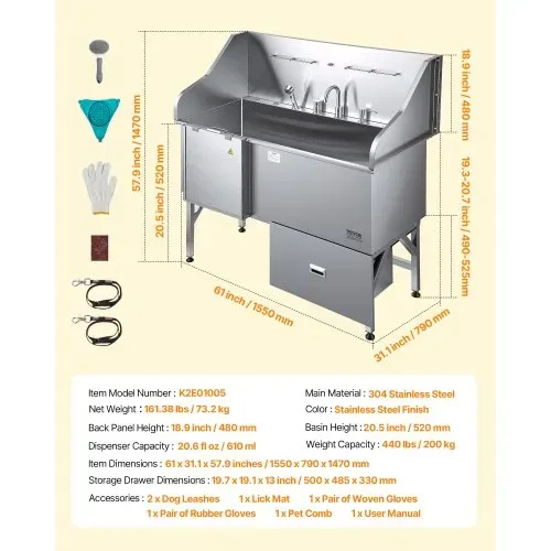 VEVOR 304 Edelstahl-Hundewaschstation, 154,9 cm große Pflegebadewanne mit rutschfester, flacher Rampe, Schublade, Warm- und Kaltwasserhahn, All-in-One-Badewanne für Pflegesalons, für alle Größen geeignet (rechte Tür) – Bild 6