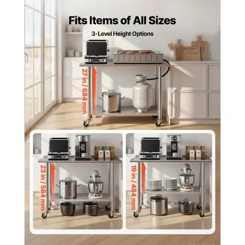 VEVOR Edelstahltisch Gastro 1220 x 610 x 894 mm, Verstellbarer Edelstahltisch mit Rollen, Aufkantung (30 mm), Arbeitstisch mit Grundboden für Restaurant Obere Ablage (245 kg) Untere Ablage (204 kg) – Bild 5