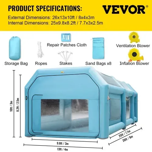VEVOR Aufblasbare Sprühkabine Zelt 8x4x3m Lackierkabine Zelt 210D Oxford-Gewebe PVC Auto Lackierkabine mit 2 abnehmbaren Türen Gebläse inkl. Ideal für Autolackierung und Reparatur von Motorrädern – Bild 6