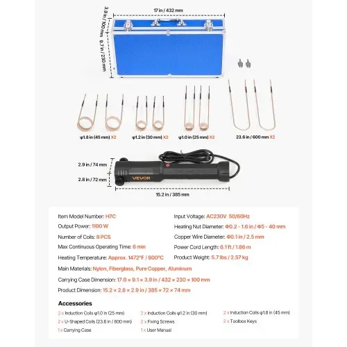 VEVOR Induktionsheizgerät zum Entfernen von Schrauben, 1100 W, 230 V, magnetisches Induktionsheizgerät-Set, Hand-Mutternlöser-Werkzeug, Autowerkstatt-Reparaturwerkzeuge mit 8 Spulen und Box – Bild 6