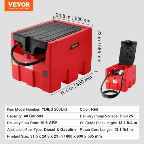 VEVOR Mobiler Dieselbehälter, 48 Gallonen Fassungsvermögen, 10,6 GPM Pumpengeschwindigkeit, inkl. 12 V Elektropumpe, 13,1 ft Schlauch und automatischer Düse, orangefarbener Dieselkraftstofftank für reibungslosen Transport – Bild 6