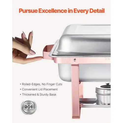 VEVOR Chafing Dish Set 2 Stk. Speisenwärmer Edelstahl mit 2 Pfannen (7,5 L) in voller Größe, rechteckiger Catering-Wärmespender mit Deckel & Wasserpfannenständer & Brennstoffhalter, Roségold – Bild 2
