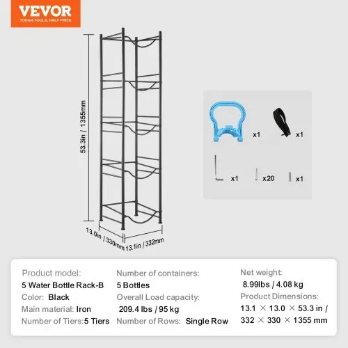 VEVOR Wasserkrughalter mit 5 Ebenen, 5-Gallonen-Wasserflaschenhalter, einreihiges Wasserflaschenregal für 5 Flaschen, robustes Wasserkrugregal für Küche, Büro, Wohnzimmer, schwarz – Bild 6