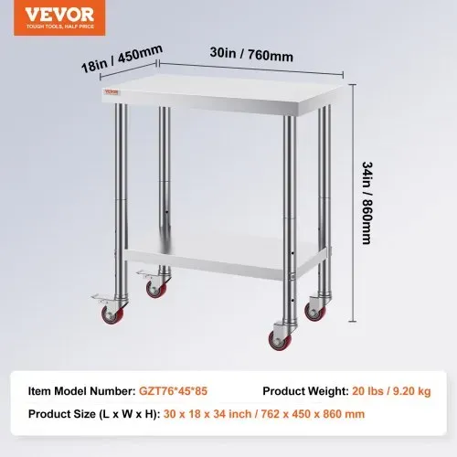 VEVOR Arbeitstisch 762 x457,2 x 863,6 mm Edelstahl Catering Arbeitstisch etwas 150kg für Belastbarkeit Lebensmittel Zubereitungstisch Gewerbliche Arbeitstisch für Küche Bar Restaurantar 4 verstellbare Füße – Bild 6