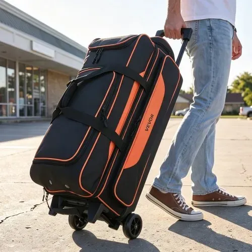 VEVOR Bowlingtasche mit Rollen für 3 Kugeln 600D Oxford Orange Schwarz, für Schuhe bis US-Größe 16 und Zubehör, mit Teleskopgriff (bis zu 1016 mm), Doppellagigen Ablagen und Verstärkten Nähten – Bild 7