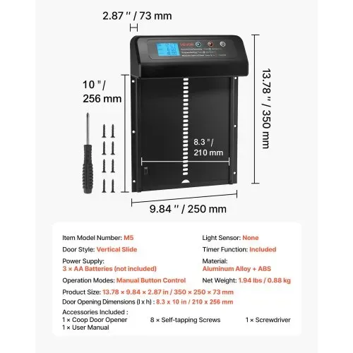 VEVOR Automatische Hühnerklappe, Hühnerstalltür mit Timer, manueller Einstellung & Einklemmschutz, Elektrischer Hühnerauslauf-Toröffner mit wasserdichter Versiegelung, Schwarz, 350x250x73 mm – Bild 6