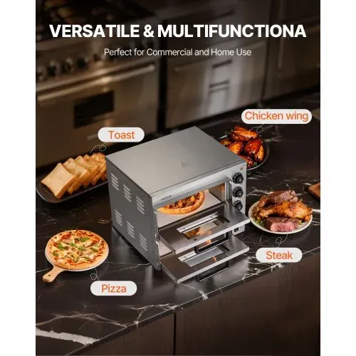 VEVOR Kommerzieller Pizzaofen für die Arbeitsplatte, 14-Zoll-Doppeldecker-Schicht, elektrischer Pizzaofen aus Edelstahl mit Stein und Griff, Mehrzweck-Pizzamaker für den Innenbereich zum Backen von Brezeln im Restaurant zu Hause – Bild 5