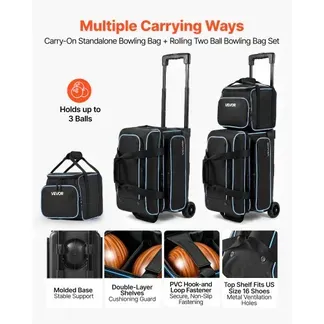 VEVOR 1 Bowlingtasche mit Rollen + 1 Bowlingtasche (Mini) für 2+1 Kugeln aus 600D Oxford Blau Schwarz, für Schuhe bis US-Größe 16, mit Teleskopgriff (bis zu 1016 mm) und Doppellagigen Ablagen VEVOR 1 Bowlingtasche mit Rollen + 1 Bowlingtasche (Mini) für 2+1 Kugeln aus 600D Oxford Blau Schwarz, für Schuhe bis US-Größe 16, mit Teleskopgriff (bis zu 1016 mm) und Doppellagigen Ablagen