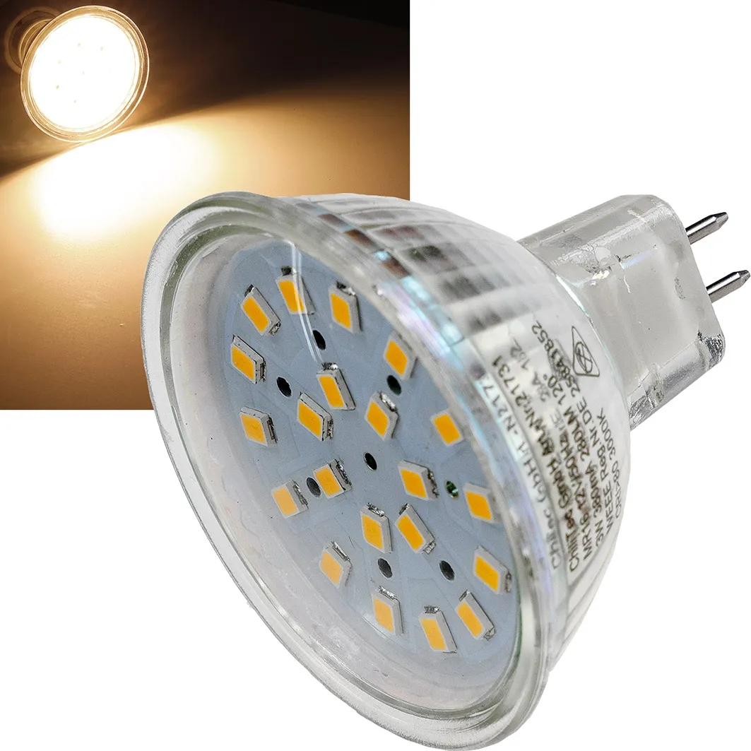 LED Strahler MR16 „H40 SMD“ 120°, 3000k, 330lm, 12V/3W, warmweiß LED Strahler MR16 „H40 SMD“ 120°, 3000k, 330lm, 12V/3W, warmweiß