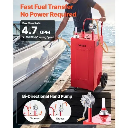 VEVOR 132,5L Kraftstofftrolley Mobile Tankanlage mit Manueller Pumpe Rot, Tragbarer Kraftstoffbehälter für Auto Rasenmäher ATV, Mit 4 Rollen & Ölstandsanzeige, Für Benzin & Diesel, Kohlenstoffstahl – Bild 2