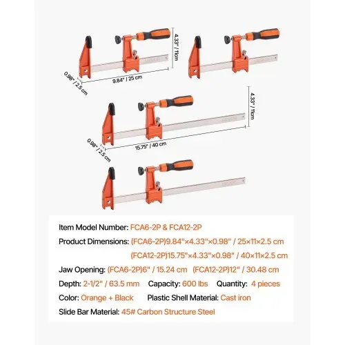 VEVOR Stangenklemmen für Holzbearbeitung 4 Stk. (15,24 / 30,48 cm) Öffnung, feststellbare F-Klemme mit 272 kg Belastungsgrenze, 63,5 mm Tiefe, Gusseisen & Kohlenstoffstahl, Metallbearbeitung – Bild 6