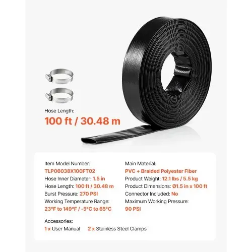 VEVOR Rückspülschlauch 1,5 Zoll 30,48 m PVC Flachschlauch Ablaufschlauch für Poolentwässerung und Bewässerung mit 90 psi, Anschlusswahl ohne Vorinstallierte Kupplungen für Verschiedene Pumpensysteme – Bild 6