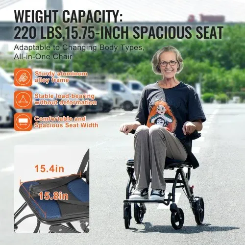 VEVOR Rollstuhl, ultraleichter Transportstuhl aus Aluminiumlegierung für Erwachsene, faltbarer Rollstuhl mit umklappbaren Armlehnen in Schreibtischlänge, selbstsperrende Bremse, 15,75 Zoll breiter Sitz, 220 Pfund Gewichtskapazität – Bild 4