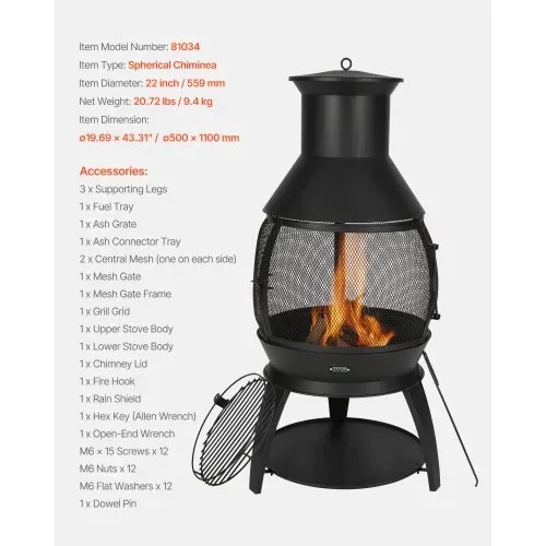 VEVOR Gartenkamin, φ500x1100mm Terrassenofen, Aztekenofen aus Eisen zum Grillen & Wärmen, Chimenea Feuerstelle mit Grillgitter, Kaminmantel & rostfreiem Kamindeckel, für Terrasse, Garten, Hinterhof – Bild 6
