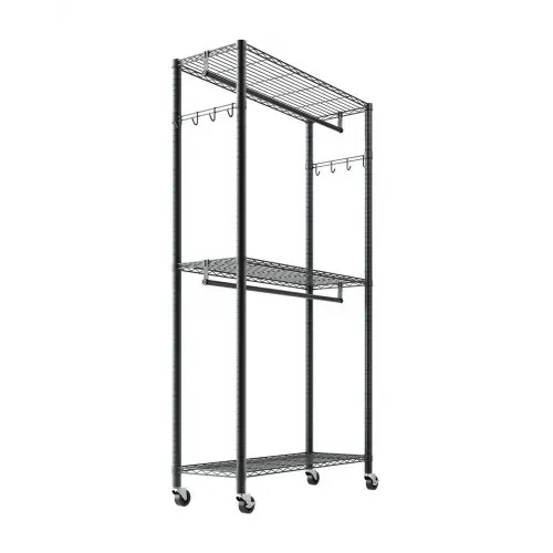 VEVOR Kleiderständer Garderobenständer auf Rollen (verstellbar) aus Karbonstahl mit 2 Kleiderstangen & 204 kg Tragkraft & 3 Regalen & 8 Haken, für Schlafzimmer Bekleidungsgeschäft Garderobe Flur – Bild 9
