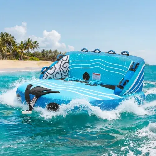 VEVOR Towable Tube für Boote, Wassersport-Schleppreifen für 3 Personen, bis 231 kg Tragfähigkeit, mit 2 Zugpunkten, Nylonhülle, Gepolsterten Griffen und Sicherheitsventil, für Seen, Flüsse, Blau – Bild 7