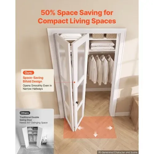 VEVOR Falttür Klapptür Komplettset 762 mm (Zwei 381 mm) x 2032 mm Milchglas, für Schränke & Schlafzimmer, Zweiflügelige Faltschiebetür mit Metallbeschlägen & Verbundrahmen, Stilvoll & Platzsparend, Weiß – Bild 5