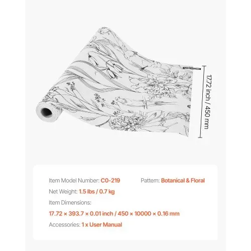 VEVOR Tapete selbstklebend, 45 cm x 10 m, Wandtapete, weiße Klebefolie mit botanischem Blumenmuster, wasserfest, Möbelfolie, dekorative Vinylrolle für Schlafzimmer, Küche, Büro, Badezimmer – Bild 6