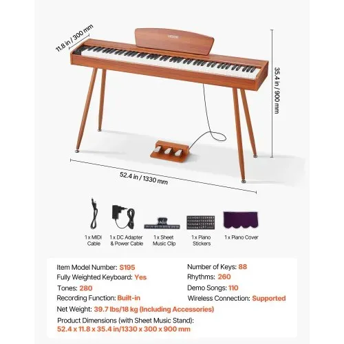VEVOR Digitalpiano, 88 Tasten vollgewichtet anschlagdynamisch, E-Piano-Tastatur mit Notenständer, Dreifachpedal, Netzteil, 280 Töne, unterstützt kabellose Verbindung, für Anfänger, Holzfarbe – Bild 6