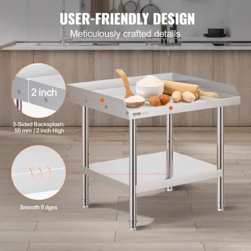 VEVOR Arbeitstisch aus Edelstahl, gewerblicher Arbeitstisch zur Lebensmittelzubereitung, 610 x 711 x 660 mm 3-seitiger Spritzschutz, robuster Zubereitungstisch Arbeitstisch mit einstellbarer Höhe – Bild 3