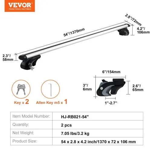 VEVOR Dachträger Universal Dachgepäckträger Auto Alu Querträger 90 kg Tragkraft, für erhöhte Seitenschiene mit Lücke, passend Innenabstand des Dachbalkens 19- 118 cm, Rohrdurchmesser 28-68 mm – Bild 6