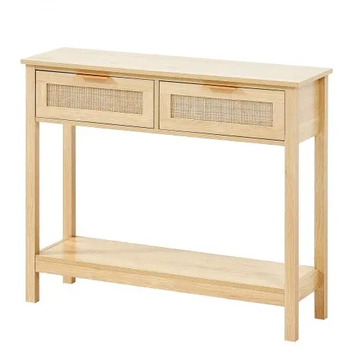 VEVOR Rattan-Konsolentisch mit 2 Schubladen, Rattan-Eingangstisch mit natürlicher Rattan-Schiebetür, Konsolen-Sofatisch für Wohnzimmer, Arbeitszimmer, Eingangsbereich oder Fernsehwand, Natur – Bild 9