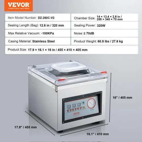 VEVOR Kammer-Vakuumierer 320 W Vakuumiergerät für feuchte Lebensmittel Fleisch Marinaden usw. kompakte Größe mit 32 cm Versiegelungslänge Anwendung in der privaten Küche und im gewerblichen Bereich – Bild 6