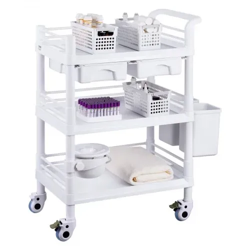 VEVOR Laborwagen mit 3 Ebenen, Laborwagen mit 3 Ablagen und 4 leisen Rädern, mobiler medizinischer Wagen aus PP-Material, Laborrollwagen mit 3 Mülleimern für Labor, Klinik, Krankenhaus, Salon, weiß – Bild 9