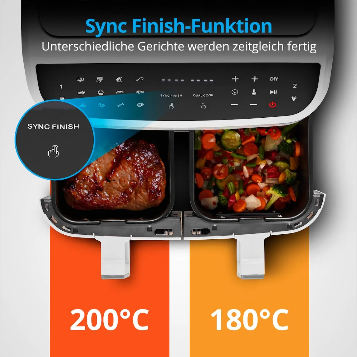 MEDION LIFE P20 XXL Twin DoppelzonenHeißluftfritteuse MD 11760, 2 separate Garzonen, 9 Automatikprogramme, 8,7 L Gesamt-Nutzinhalt, 2.600 Watt, Temperatur einstellbar bis 200 °C – Bild 5