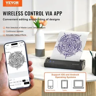 VEVOR Tattoo-Transfer-Schablonendrucker, Kabelloser Bluetooth-Tattoo-Schablonendrucker mit 10-teiligem Transferpapier und Stoffbeutel, Tragbarer Tattoo-Drucker für Android- und iOS-Telefon VEVOR Tattoo-Transfer-Schablonendrucker, Kabelloser Bluetooth-Tattoo-Schablonendrucker mit 10-teiligem Transferpapier und Stoffbeutel, Tragbarer Tattoo-Drucker für Android- und iOS-Telefon