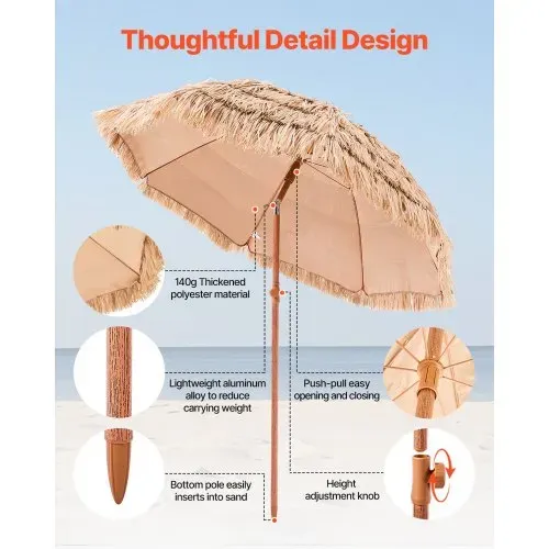 VEVOR Strohschirm Hawaii, 1,8 m Strohschirm neigbar, Strandschirm mit PP-Stroh & 8 Metallstreben, Gartenschirm, Marktschirm, Terrassenschirm für Strand, Terrasse, Poolrand, Hinterhof & Garten – Bild 6