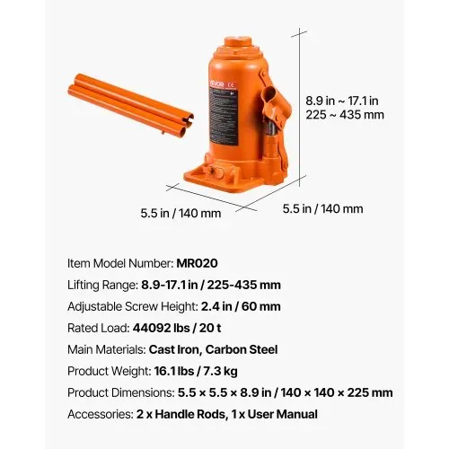 VEVOR hydraulischer Wagenheber Flaschenwagenheber 20 t 225–435 mm Hubbereich, Hochleistungs-Stempelwagenheber für Auto SUV Pickup Autoreparatur Hauslift landwirtschaftliche Geräte, Orange – Bild 6