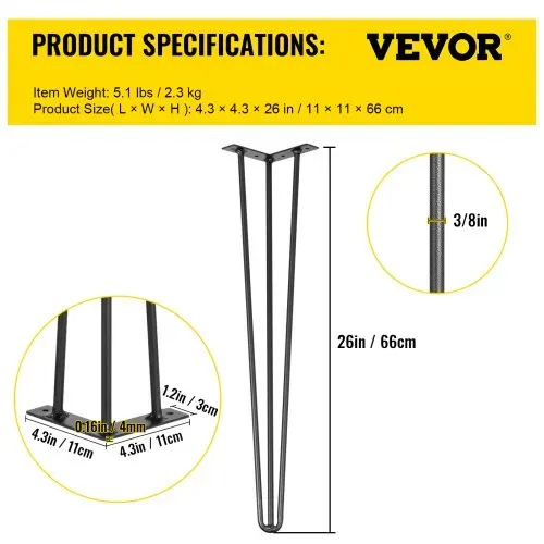 VEVOR Tischbeine Metall Haarnadelbeine 66 cm Tischgestell Schwarz Tischfüße Haarnadelbeine Schwarz Diy Schreibtisch Esstisch – Bild 6