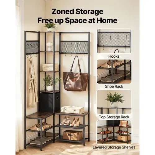 VEVOR Multifunktionale Eckgarderobe (180 cm Hoch) mit Haken, Ablagefläche & Stahlrahmen, Garderobenständer mit Kippsicherung, Garderobenregal für Eingangsbereich Büro Wohnzimmer, Rustikales Braun VEVOR Multifunktionale Eckgarderobe (180 cm Hoch) mit Haken, Ablagefläche & Stahlrahmen, Garderobenständer mit Kippsicherung, Garderobenregal für Eingangsbereich Büro Wohnzimmer, Rustikales Braun
