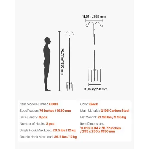 VEVOR Schäferhaken 8er-Pack, Hirtenhaken 195 cm, Garten Doppelhaken Laternenstab, 1,9 cm dicke Gartenhaken zum Aufhängen von Kolibri-Futterspendern, Pflanzenkörben, Solarlaternen, Windspielen – Bild 6