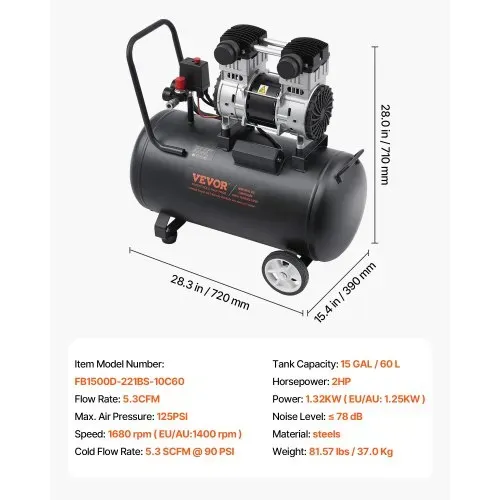 VEVOR-Luftkompressor, 15 Gallonen Stahltank, 2 PS 5,3 CFM@90 PSI ölfreier Luftkompressor und max. 125 PSI Druck, 78 dB ultraleiser tragbarer Kompressor, für Autoreparatur, Reifenbefüllung, Spritzlackierung – Bild 6