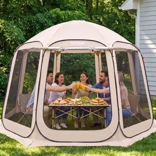 VEVOR Campingzelt, 365,76x335,28x230 cm, Pop-up-Zelt mit ausziehbarer Markise, Partyzelt für 10–12 Personen, inkl. Tragetasche & Netz-Seitenwände, für Terrasse & Outdoor-Aktivitäten, Beige – Bild 7