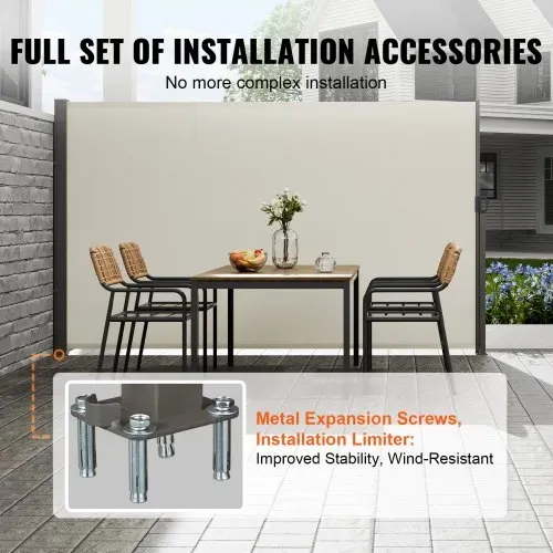 VEVOR Seitenmarkise 180 x 300 cm Seitenwandmarkise aus 180 g/m² Polyestergewebe mit PU-Beschichtung Markise einziehbarer Griff mit Federmechanismus Sichtschutz Blickschutz für Balkone Innenhöfe Beige – Bild 3